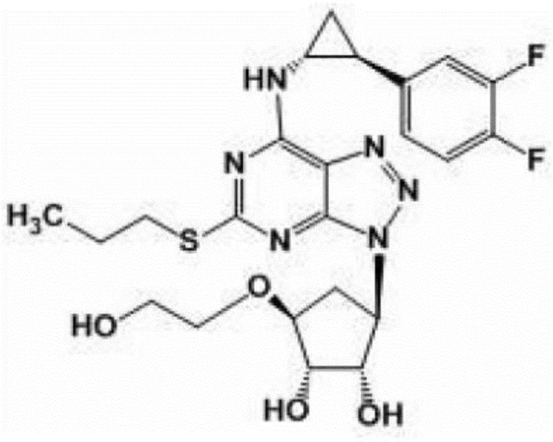 Chemical structure of Ticagrelor showing the cyclopentane core and difluorophenyl group