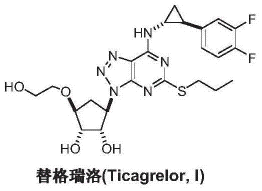 Chemical structure of Ticagrelor showing the complex arrangement of the cyclopentyl, triazole, and pyrimidine rings