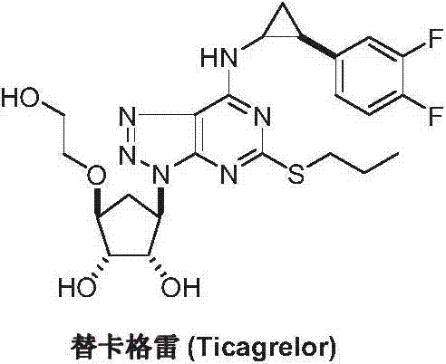 Chemical structure of Ticagrelor showing the core cyclopentane ring and side chains