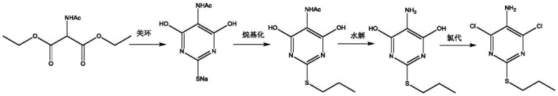 Synthesis route of 4,6-dichloro-2-(thiopropyl)-5-aminopyrimidine from diethyl acetylaminomalonate