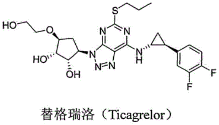 Chemical structure of Ticagrelor showing the complex molecular architecture requiring precise intermediate synthesis