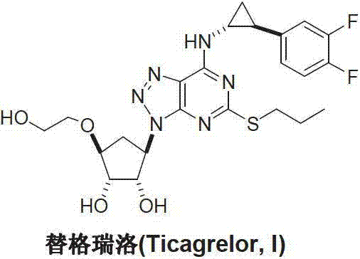 Chemical structure of Ticagrelor showing the triazolo-pyrimidine core and cyclopropylamine side chain