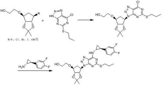 Prior art synthetic route showing complex multi-step sequence with nitro reduction and harsh conditions