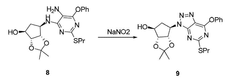 Cyclization step forming the triazole ring from amino intermediate using Sodium Nitrite