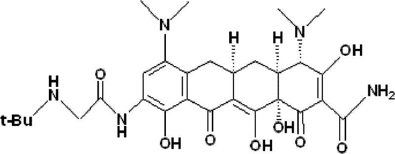 Chemical structure of Tigecycline showing the complex tetracycline core and side chains