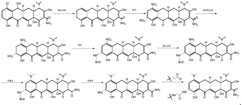 Prior art synthesis route showing complex protection and deprotection steps with toxic reagents