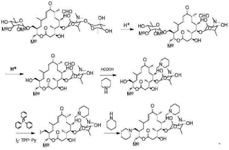 Prior art synthesis route from CN102863487 utilizing triphenylphosphine and iodine