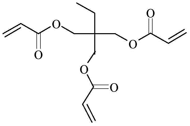 Chemical structure of Trimethylolpropane Triacrylate (TMPTA) showing the central quaternary carbon bonded to three acrylate groups