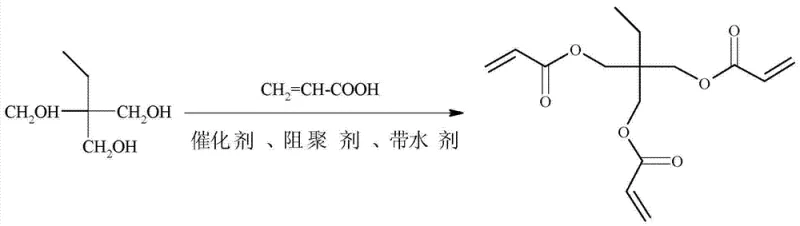 Reaction scheme showing esterification of Trimethylolpropane with Acrylic Acid to form TMPTA