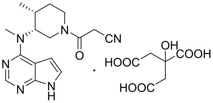 Chemical structure of Tofacitinib Citrate showing the pyrrolo-pyrimidine core and citrate salt moiety