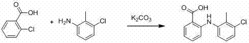 Reaction scheme comparing reactants o-chlorobenzoic acid and 3-chloro-2-methylaniline forming Tolfenamic Acid