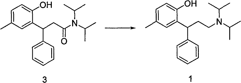 Reduction of amide Compound 3 to Tolterodine free base Compound 1 using hydride reducing agents