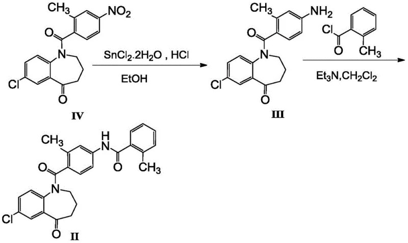 Prior art synthetic route for Tolvaptan intermediate involving reduction and amidation steps