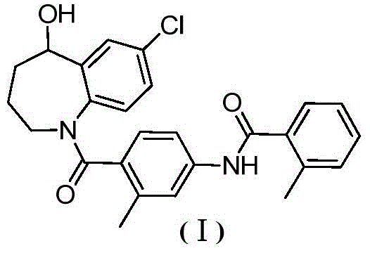 Chemical structure of Tolvaptan (Formula I) showing the 7-chloro-5-hydroxy-1-benzazepine core