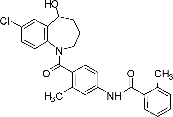 Chemical structure of Tolvaptan showing the benzazepine core and amide side chains