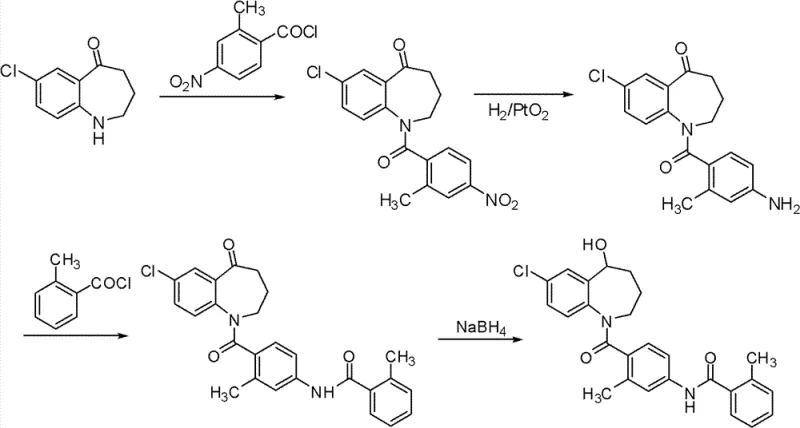 Prior art reaction scheme showing complex multi-step synthesis with platinum catalysis