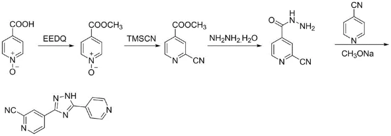 Prior art synthetic route for Topiroxostat showing low yield steps and complex transformations