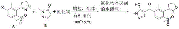 Reaction scheme showing the copper-catalyzed synthesis of Topramezone from Compound A and 1-methyl-5-hydroxypyrazole