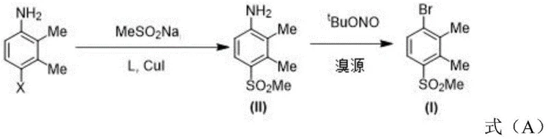 General synthetic route (Formula A) showing the conversion of halo-aniline to the target bromobenzene intermediate