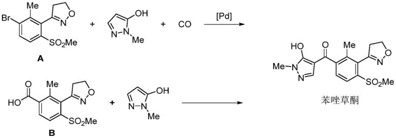 Traditional vs Novel Topramezone Synthesis Routes showing Palladium catalysis versus the new intermediate coupling