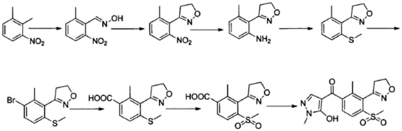 Previous synthesis route for Topramezone showing lower yield and complex steps