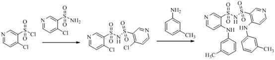Synthesis reaction scheme for TL-Imp07 showing condensation and ammoniation steps