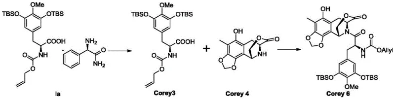 Downstream coupling reaction of the purified salt Ia with Corey 4 to form Corey 6