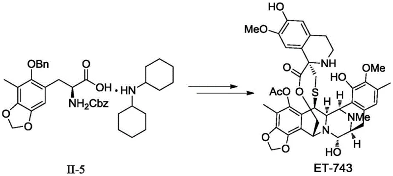 Reaction scheme showing the conversion of intermediate II-5 to the final drug ET-743