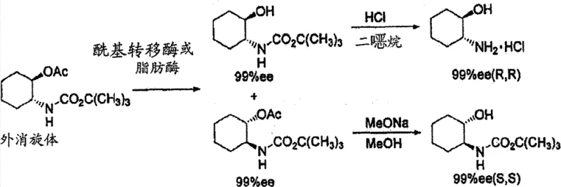 Conventional enzymatic resolution route showing complex derivative formation and hydrolysis steps