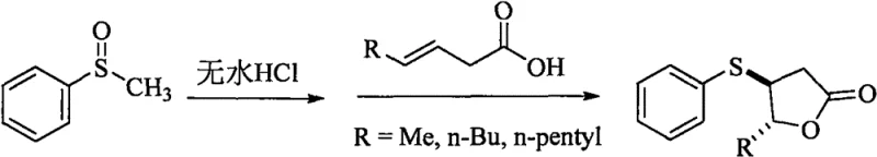 Reaction scheme showing the conversion of methyl phenyl sulfoxide and olefinic acid to trans-3-thiophenyl-gamma-lactone