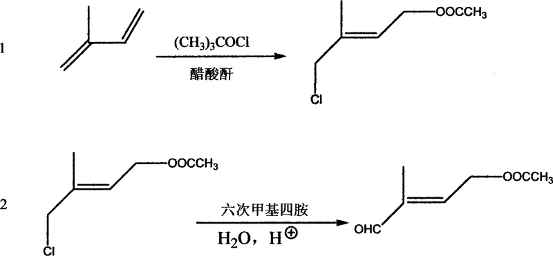 Reaction scheme showing the conversion of isoprene to chloro-ester and finally to the target aldehyde via urotropine hydrolysis