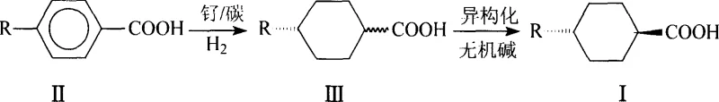Reaction scheme showing hydrogenation of 4-alkyl-benzoic acid to cis/trans mixture followed by solid-phase isomerization to trans-product