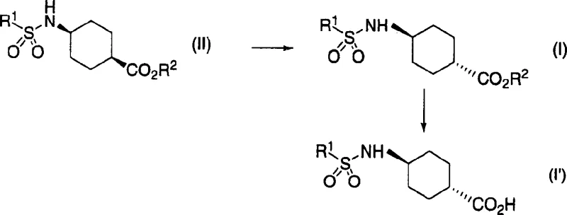 Reaction scheme showing the isomerization of cis-compound (II) to trans-compound (I) using base in aprotic solvent