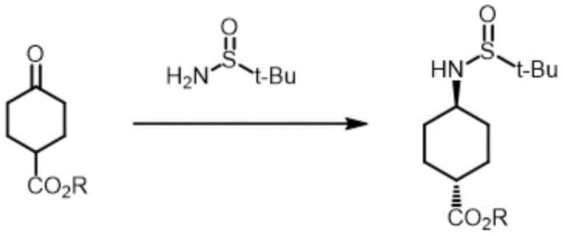 Reductive amination of 4-oxocyclohexane carboxylate with tert-butyl sulfinamide to form trans-sulfinamide intermediate