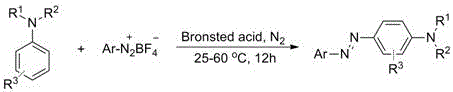 General reaction scheme showing Bronsted acid catalyzed coupling of aromatic tertiary amines with aryl diazonium tetrafluoroborates to form trans-azo compounds