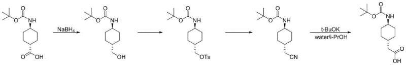 Traditional synthesis route involving catalytic hydrogenation and toxic cyanide reagents showing low yield and safety issues