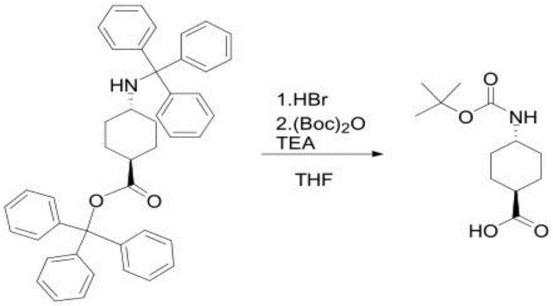 Second step reaction scheme showing deprotection and Boc protection