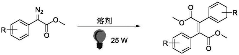 General reaction scheme showing visible light induced dimerization of alpha-aryl diazoacetate to trans-olefin