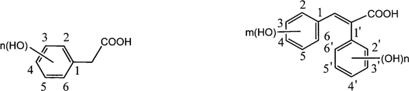 Chemical structures of hydroxy-substituted phenylacetic acid raw materials and the acrylic acid derivative intermediate