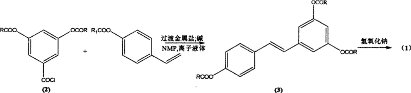 General chemical reaction formula for the Heck coupling step showing reactants and catalyst system
