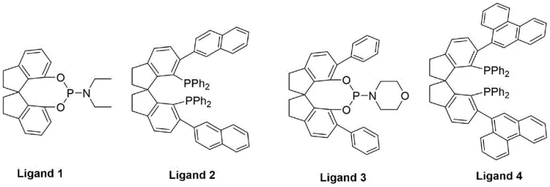 Structures of spiro phosphine ligands used in the catalyst system