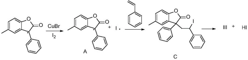 Detailed reaction mechanism showing the radical pathway involving CuBr and I2 oxidant for benzofuranone alkenylation