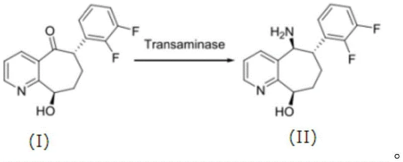 Enzymatic conversion of ketone substrate I to chiral amine product II using transaminase