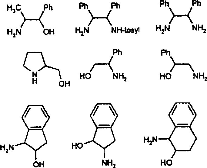 Chemical structures of specific chiral bidentate ligands including aminoalcohols and diamines used in the catalyst system