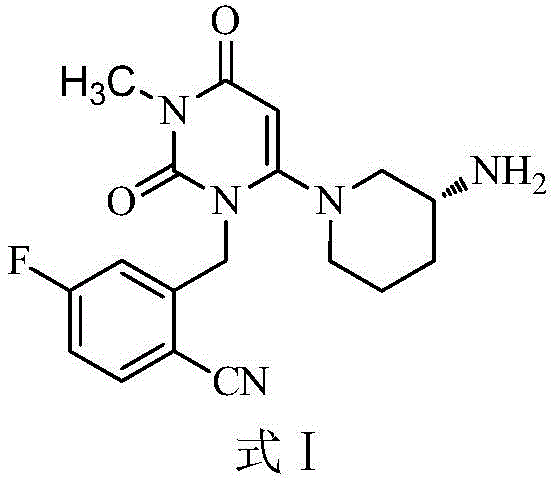 Chemical structure of Trelagliptin (Formula I) showing the pyrimidine-dione core and fluorobenzonitrile moiety