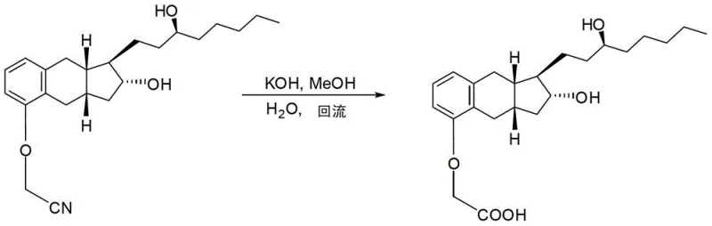 Hydrolysis reaction scheme converting the nitrile intermediate to Treprostinil carboxylic acid using KOH in Methanol and Water