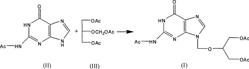Chemical reaction scheme showing the condensation of monoacetyl guanine (II) with 1,3-diacetyloxy-2-(acetyloxymethoxy)propane (III) to form triacetyl ganciclovir (I)