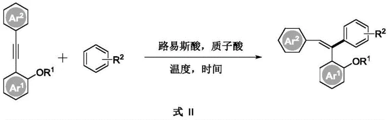 General reaction scheme showing diacid catalyzed synthesis of triaryl ethylene from diaryl acetylene and substituted benzene