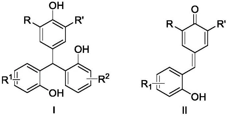 General reaction scheme showing the conversion of o-hydroxyphenyl p-QMs (Formula II) to triarylmethane compounds (Formula I) via inverse-Friedel-Crafts and 1,6-conjugate addition