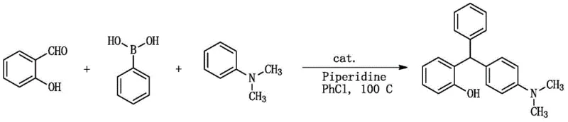 Reaction scheme showing the iodine-catalyzed one-pot synthesis of triarylmethane derivatives from salicylaldehyde, boronic acid, and amine